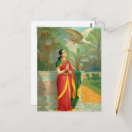 Damayanti en Swan door Raja Ravi Varma Briefkaart (Voorkant / Achterkant in situ)