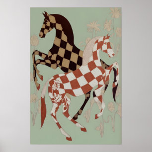 Dambord Paard Kunstprint - Vintage Bloem en Poster