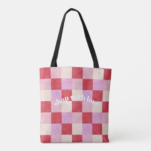 dambord valentijn plaid rood roze crème preppy tote bag (Achterkant)