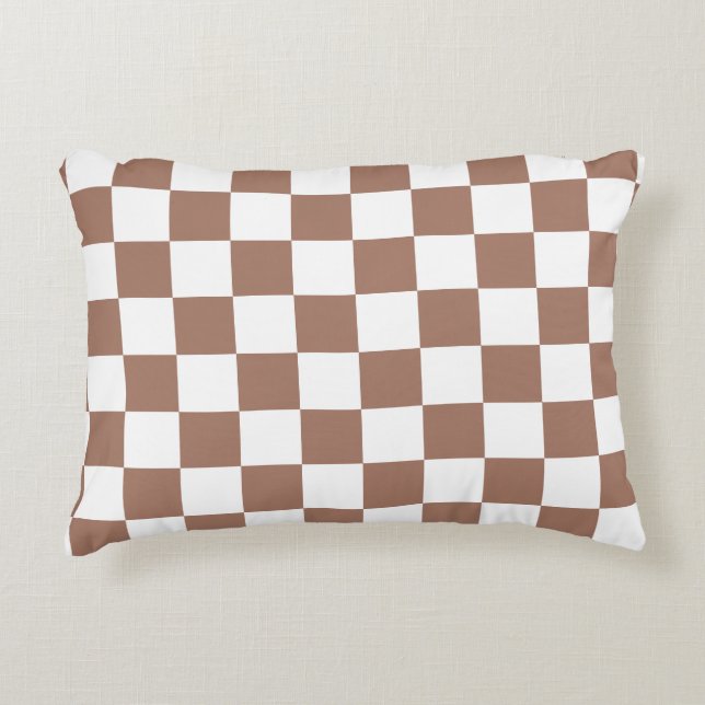 Dambord vierkant mocha bruin wit geometrisch retro accent kussen (Voorkant)