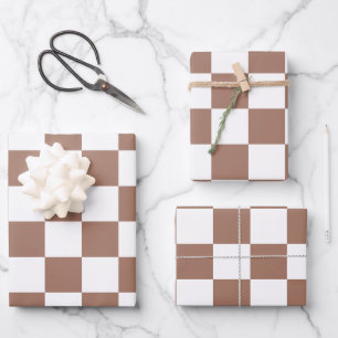 Dambord vierkant mocha bruin wit geometrisch retro inpakpapier vel