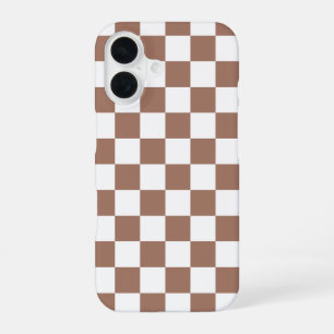 Dambord vierkant mocha bruin wit geometrisch retro iPhone 16 hoesje