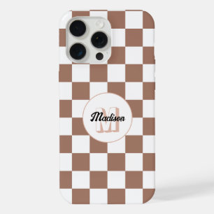Dambord vierkant mocha bruin wit retro Monogram iPhone 15 Pro Max Case