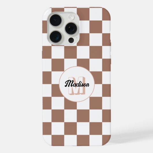 Dambord vierkant mocha bruin wit retro Monogram iPhone Hoesje (Achterkant)
