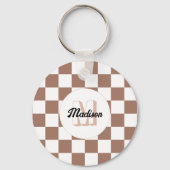 Dambord vierkant mocha bruin wit retro Monogram Sleutelhanger (Voorkant)
