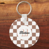 Dambord vierkant mocha bruin wit retro Monogram Sleutelhanger (Voorkant)