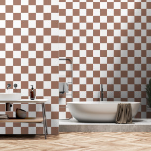 Dambord vierkanten mocha bruin wit geometrisch ret behang