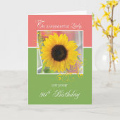 Dame 90th Birthday met zonnebloem op roze groen Kaart (Gele Bloem)