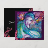 DAME BLAUWE MASKER Maskerade Feest, Rode Paarse We Kaart (Voorkant / Achterkant)