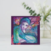 DAME BLAUWE MASKER Maskerade Feest, Rode Paarse We Kaart (Staand voorkant)