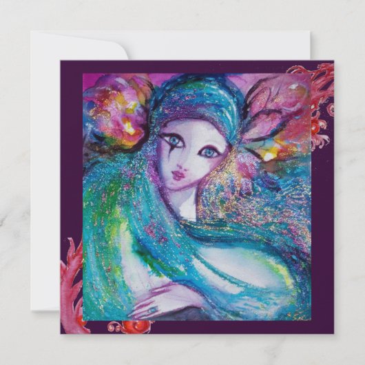 DAME BLAUWE MASKER Maskerade Feest, Rode Paarse We Kaart (Voorkant)