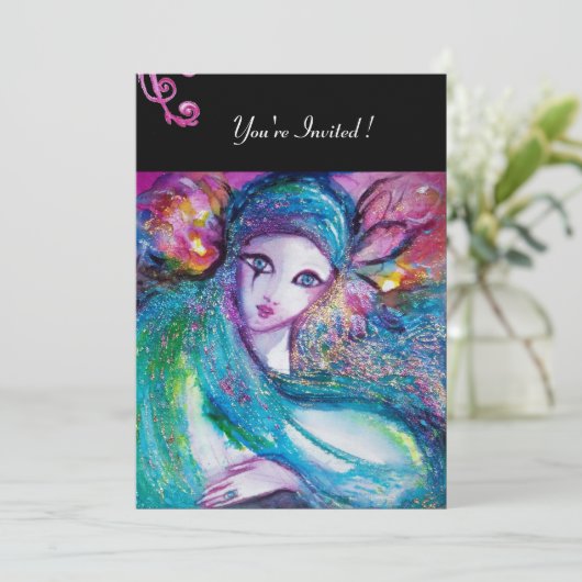 DAME BLAUWE MASKER Maskerade Feest Rood Draaiend Z Kaart (Staand voorkant)