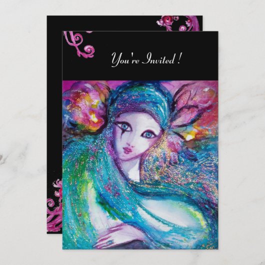 DAME BLAUWE MASKER Maskerade Feest Rood Draaiend Z Kaart (Voorkant / Achterkant)