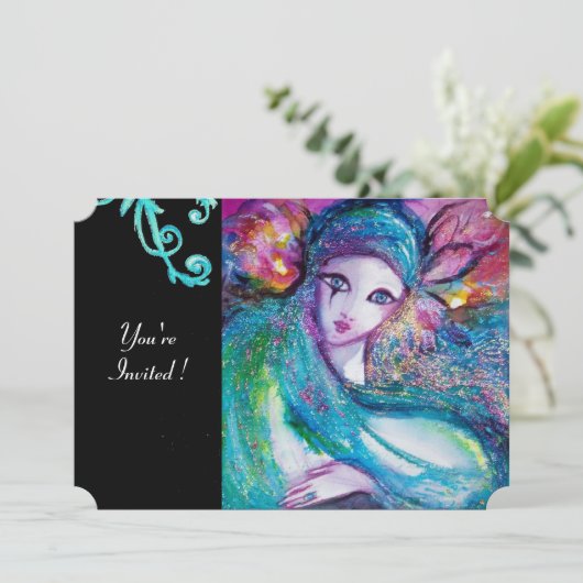 DAME BLAUWE MASKER Maskeradefeest, Turquoise Bloem Kaart (Staand voorkant)