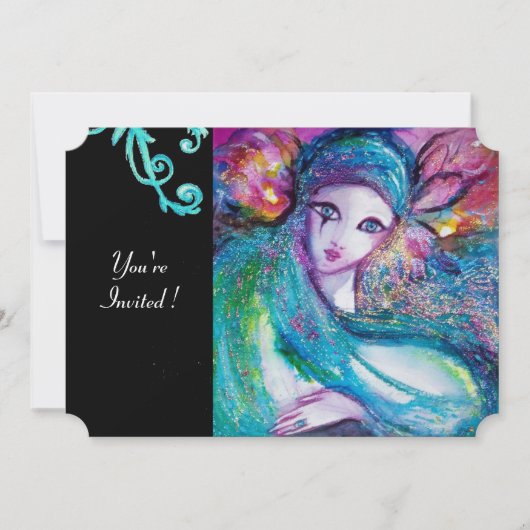 DAME BLAUWE MASKER Maskeradefeest, Turquoise Bloem Kaart (Voorkant)