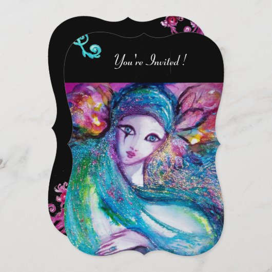 DAME BLAUWE MASKER Masquerade Feest, Rood Zwart Bl Kaart (Voorkant / Achterkant)