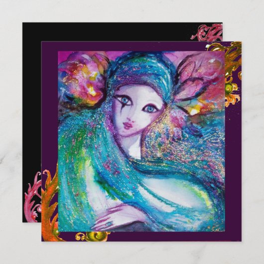 DAME BLAUWE MASKER Rode Gele Draaikolken Maskerade Kaart (Voorkant / Achterkant)