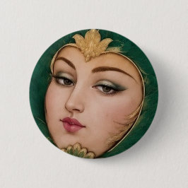 Dame Bloem Smaragd & Goud | Perzische Tapijtkunst Ronde Button 5,7 Cm