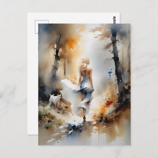 Dame die door een bos loopt briefkaart (Voorkant / Achterkant)