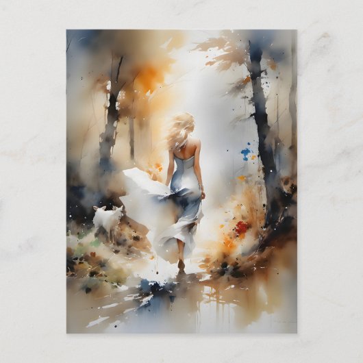 Dame die door een bos loopt briefkaart (Voorkant)