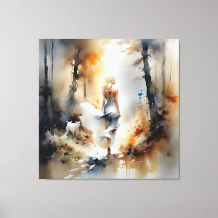 Dame die door een bos loopt canvas afdruk