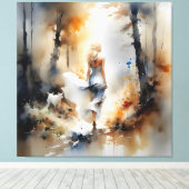 Dame die door een bos loopt canvas afdruk (Insitu (Houten vloer))