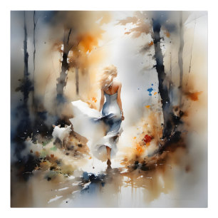 Dame die door een bos loopt foto afdruk