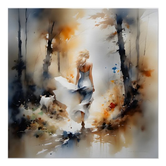 Dame die door een bos loopt perfect poster (Voorkant)