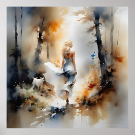 Dame die door een bos loopt poster