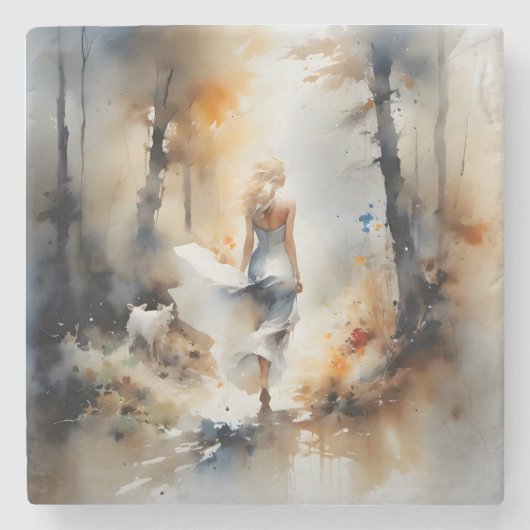 Dame die door een bos loopt stenen onderzetter (Voorkant)