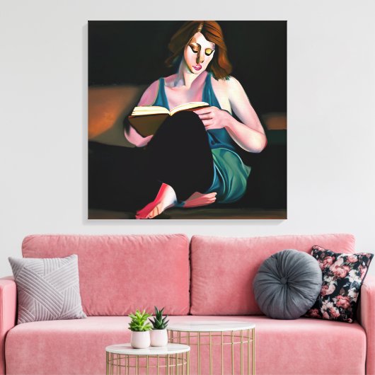 Dame die een boek leest gewoon chillen canvas afdruk (Insitu (Woonkamer))