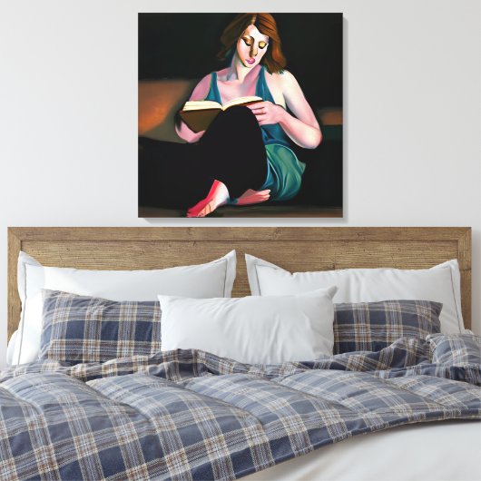 Dame die een boek leest gewoon chillen canvas afdruk (Insitu (Slaapkamer))