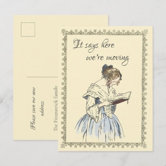 dame die een 'Book Moving Announge' leest Briefkaart (Voorkant / Achterkant)