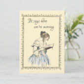 dame die een 'Book Moving Announge' leest Kaart (Staand voorkant)