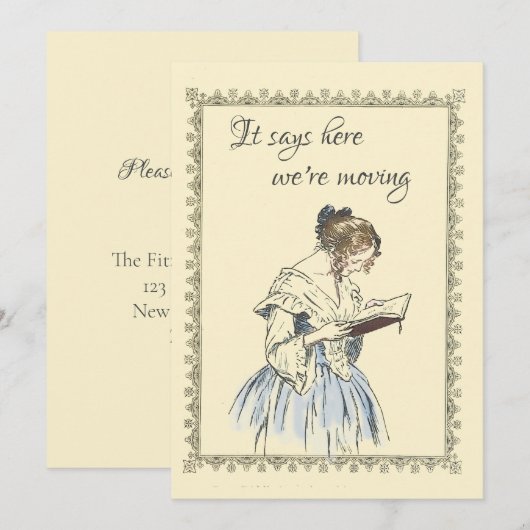 dame die een 'Book Moving Announge' leest Kaart (Voorkant / Achterkant)