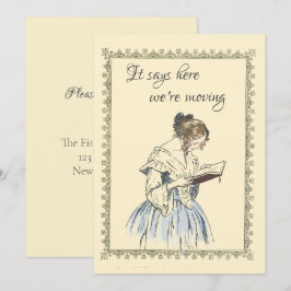 dame die een 'Book Moving Announge' leest Kaart