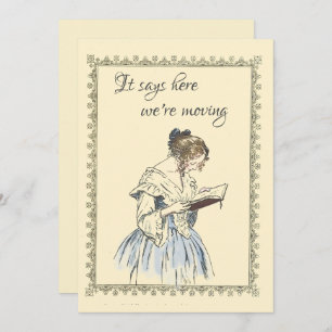  dame die een 'Book Moving Announge' leest Kaart