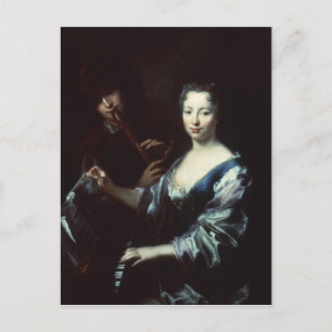 Dame die een knuffel en een flutist speelt briefkaart