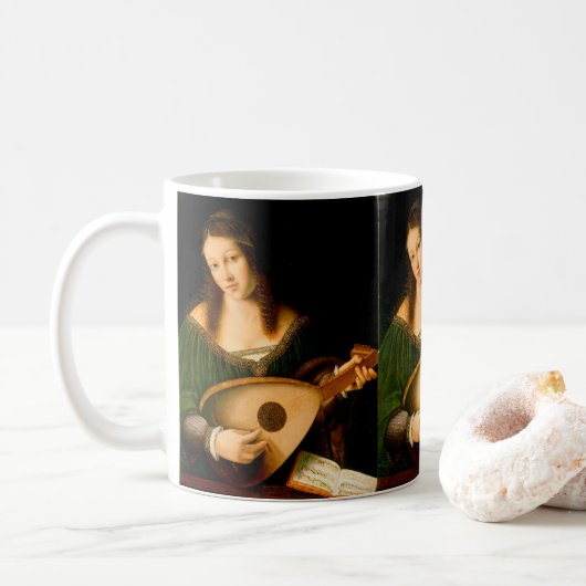 Dame die Lute Fine Art Renaissance Painting speelt Koffiemok (Met donut)