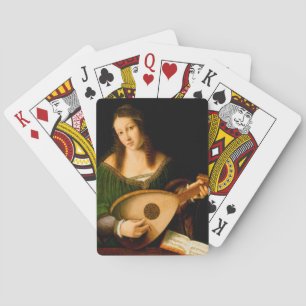 Dame die Lute Fine Art Renaissance Painting speelt Pokerkaarten