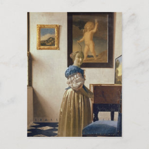 Dame die zich bij Virginal, c.1672-73 bevinden Briefkaart
