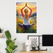 Dame doen Yoga in een veld bij zonsondergang Poste Poster (Thuiskantoor)