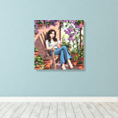 dame Drink koffie buiten ontspannen Canvas Afdruk (Insitu (Houten vloer))