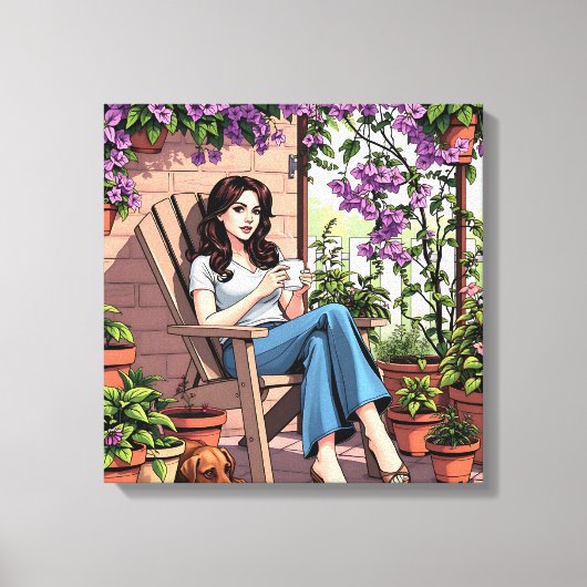  dame Drink koffie buiten ontspannen Canvas Afdruk (Voorkant)