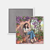  dame Drink koffie buiten ontspannen Magneet (Voorkant / Achterkant)