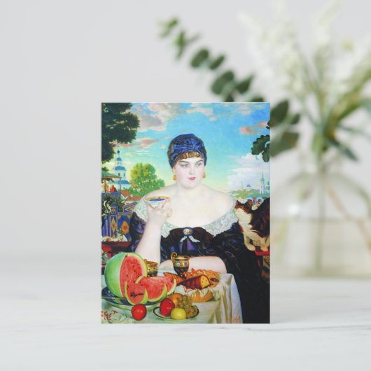 Dame Drinking Tea met Kat Briefkaart (Staand voorkant)