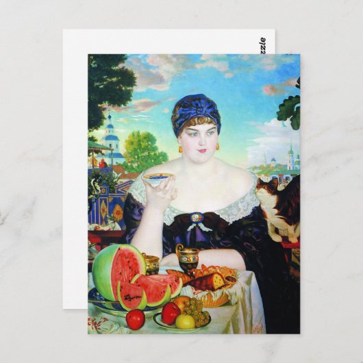 Dame Drinking Tea met Kat Briefkaart (Voorkant / Achterkant)