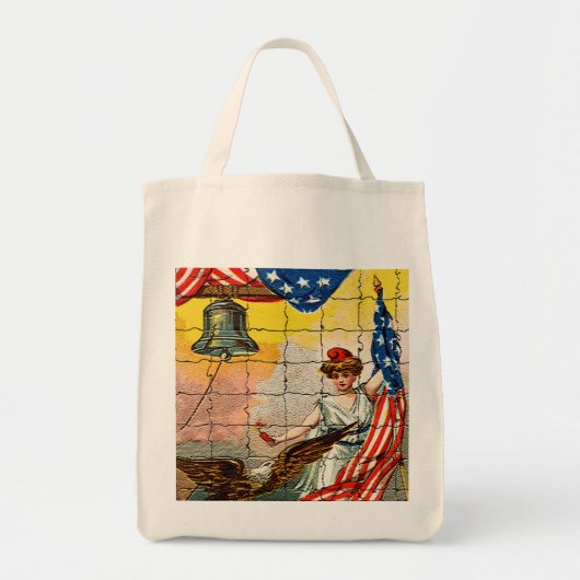 dame, Eagle, Vlag en Liberty Bell Mosiac Tote Bag (Voorkant)