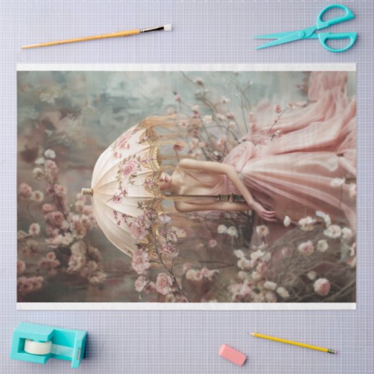 Dame & een Parasol, Portret & Bloemenkunst Tissuepapier (Craft)