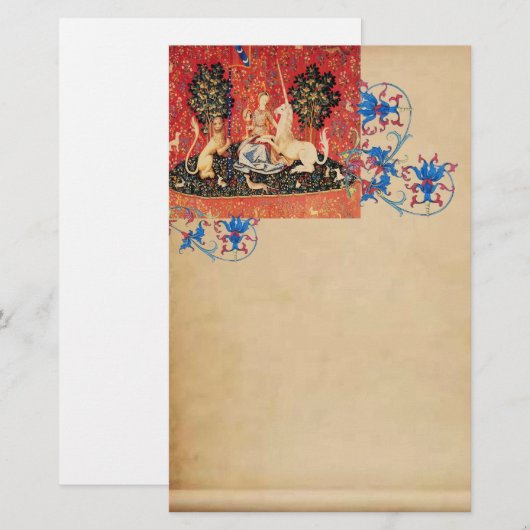 DAME, EENHOORN, Leeuw, Dieren Antiek Bloemenperkam Briefpapier (Voorkant / Achterkant)